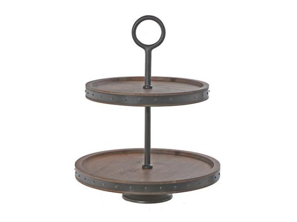 GRAY ACACIA WOOD WITH RIVETED GUNMETAL 2 TIER CAKE STAND