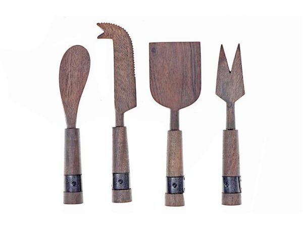 GRAY ACACIA WOOD WITH RIVETED GUNMETALL 4 PC CHEESE CUTLERY SET
