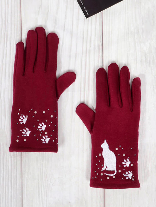 Burgundy Gloves with Paw Print and Sitting Kitty