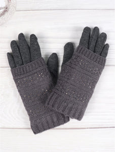Double Layer Cable Knit Touch Screen Gloves with Rhinestones