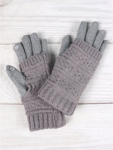 Double Layer Cable Knit Touch Screen Gloves with Rhinestones