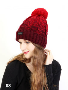 Two-Tone Double Layered  Knitted Toque with PomPom and Plush Interior