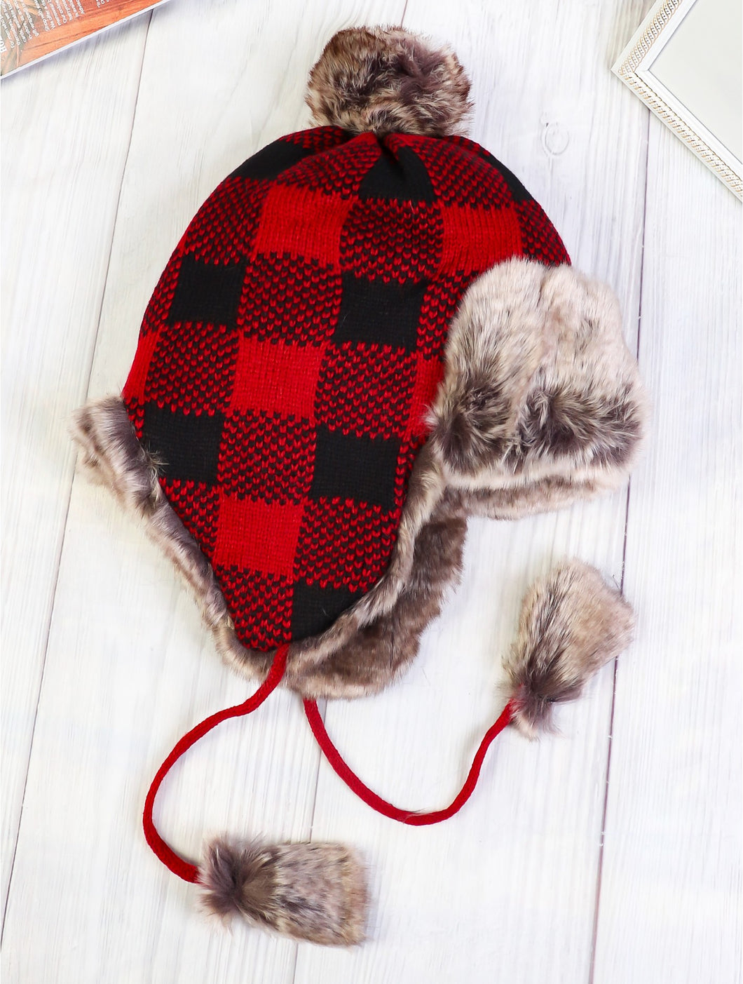 Buffalo Plaid Faux Fur Lined Trapper Hat