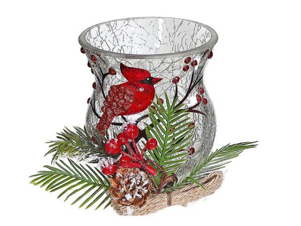 Cardinal Pinecone Hurricane Tealight Holder