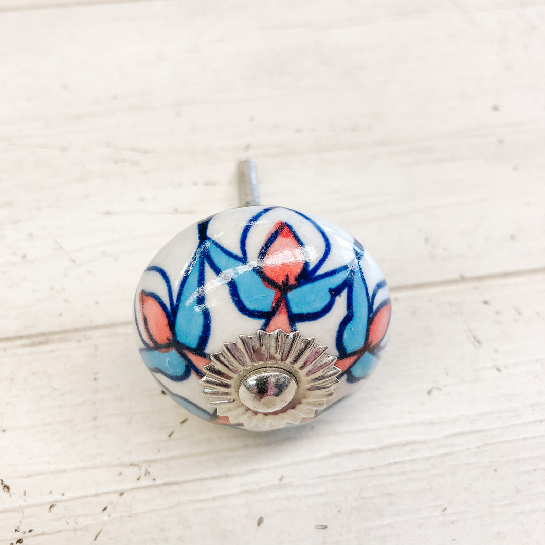 Ceramic Knob Blue and Red Floral Pattern over White