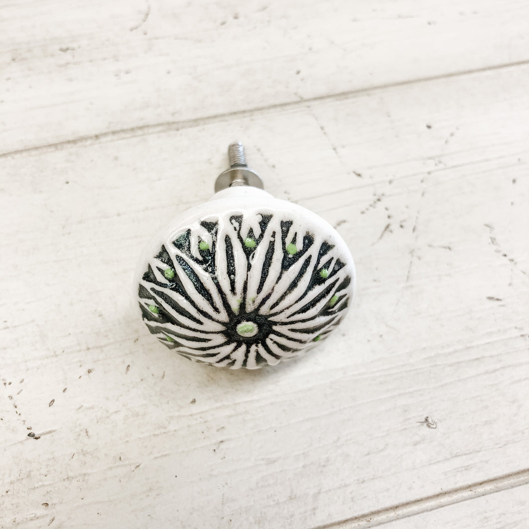 Ceramic Knob Charcoal and Green Floral Pattern over white