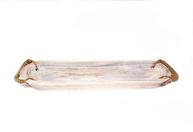 White Washed Wood Collection Dough Bowl w/Jute Rope Handles