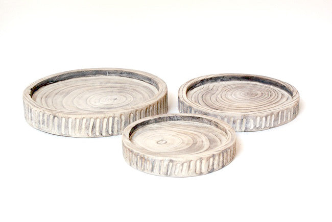 White Washed Wood Collection Round CarvedTrays