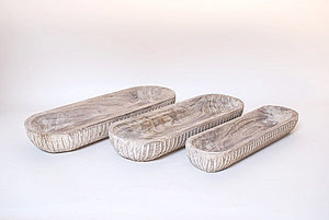 White Washed Wood Collection Carved Dough Bowls