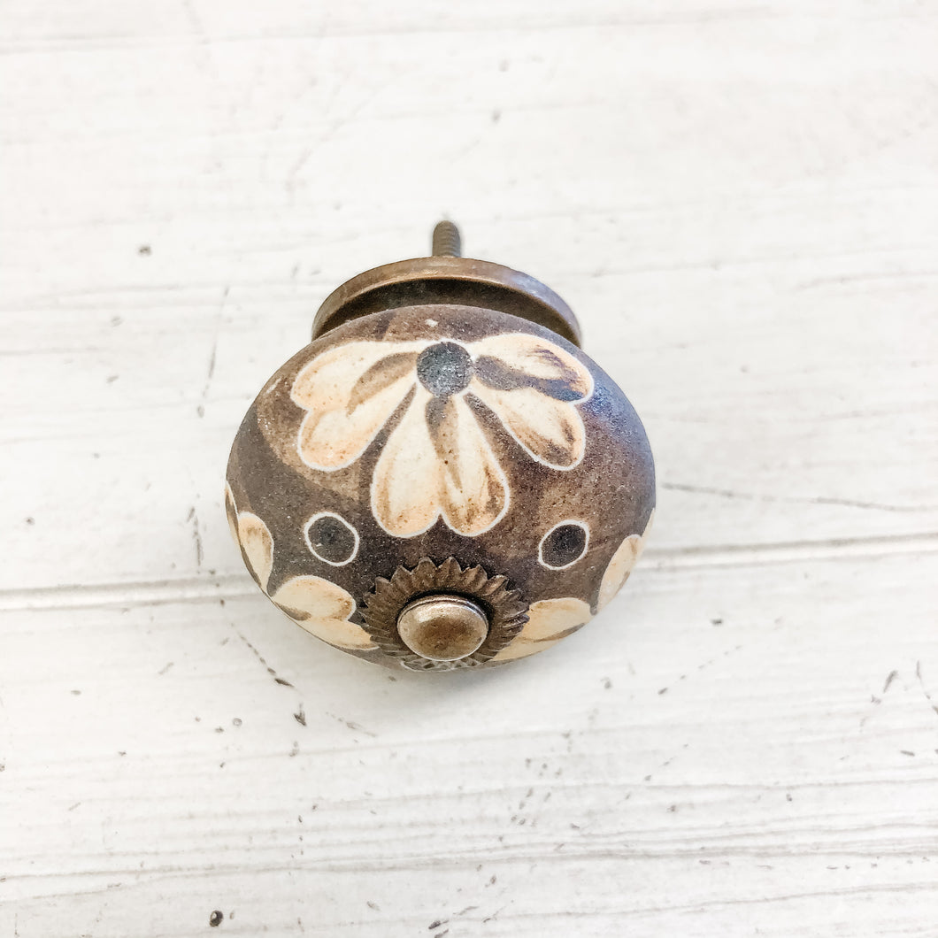 Ceramic Knob Cream Floral Pattern over Brown Faux Wood Look