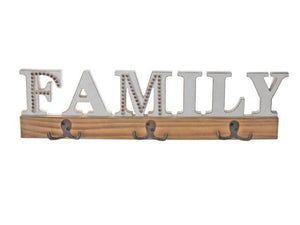 WOODEN FAMILY WALL SIGN WITH 3 HOOKS