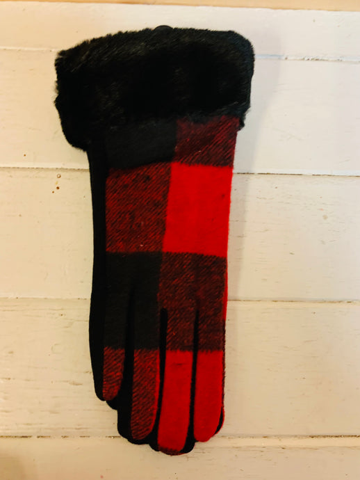 Gingham Pattern Gloves with Fur
